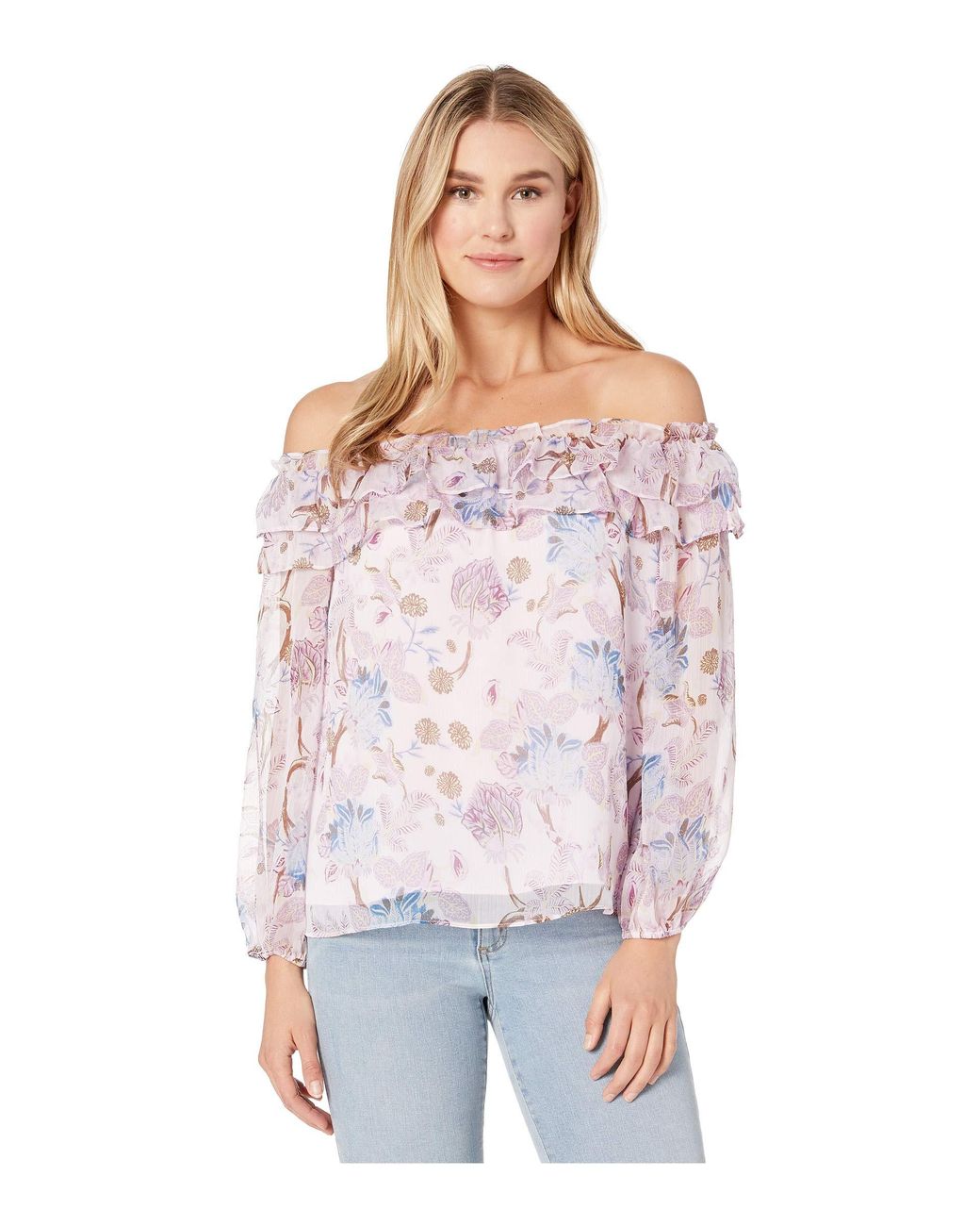 Vince Camuto Synthetic Long Sleeve Poetic Blooms Ruffled Off Shoulder Blouse in Pink - Save 71% 