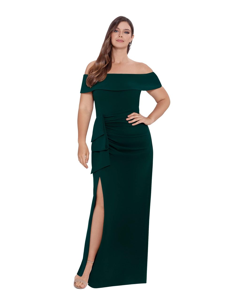 Xscape Plus Size Long Off The Shoulder Scuba Crepe In Green Lyst 