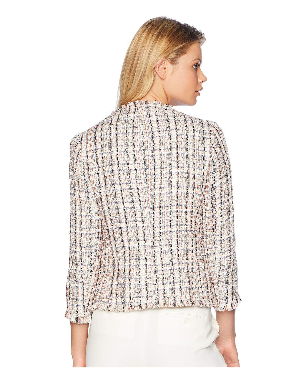 Anne Klein Women s Blue Americana Tweed Fringe Jacket With