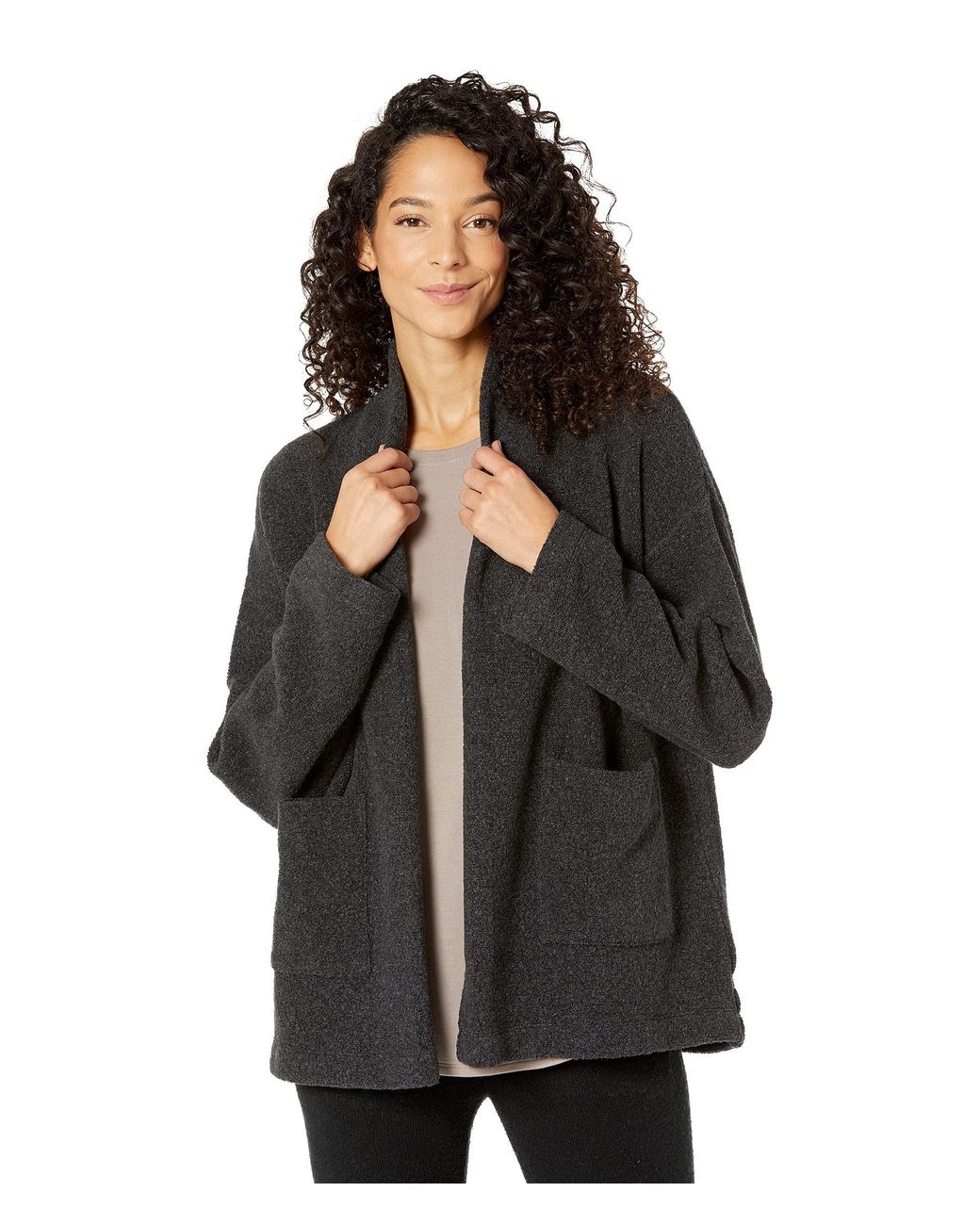 Eileen Fisher High Collar Cozy Boucle Wool Knit Coat in Gray Lyst