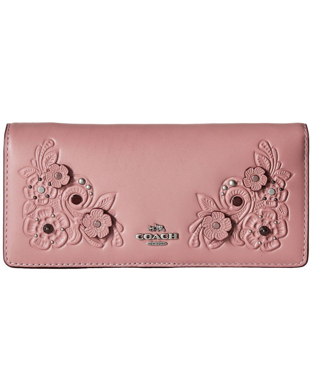 COACH Tea Rose Tooling With Applique Slim Wallet in Pink | Lyst