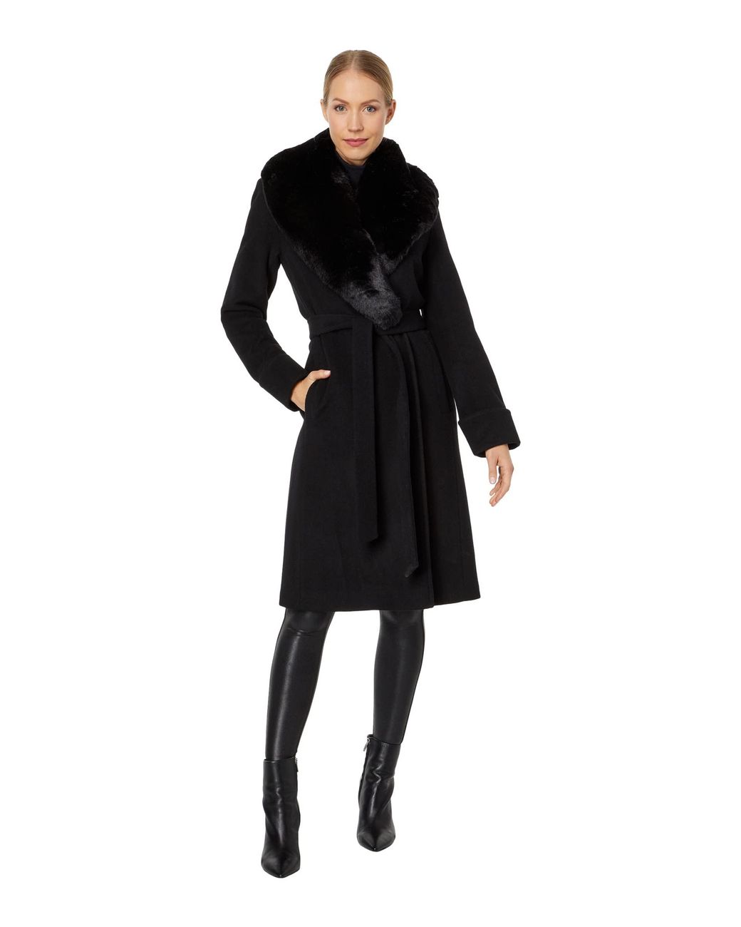 Lauren by Ralph Lauren Single Breasted Belted Coat With Faux Fur