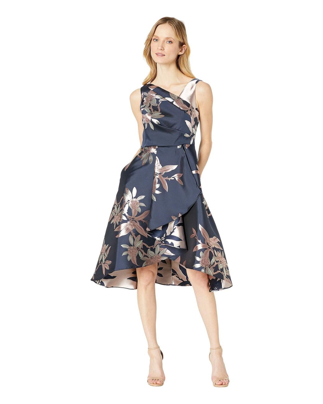 Adrianna Papell Petite Size Floral Print Jacquard Sleeveless Cascade Hi-low  Dress in Blue | Lyst