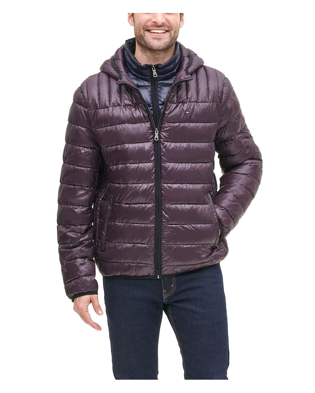 Tommy Hilfiger Mens Insulated Packable Jacket With Contrast Bib and Hood 