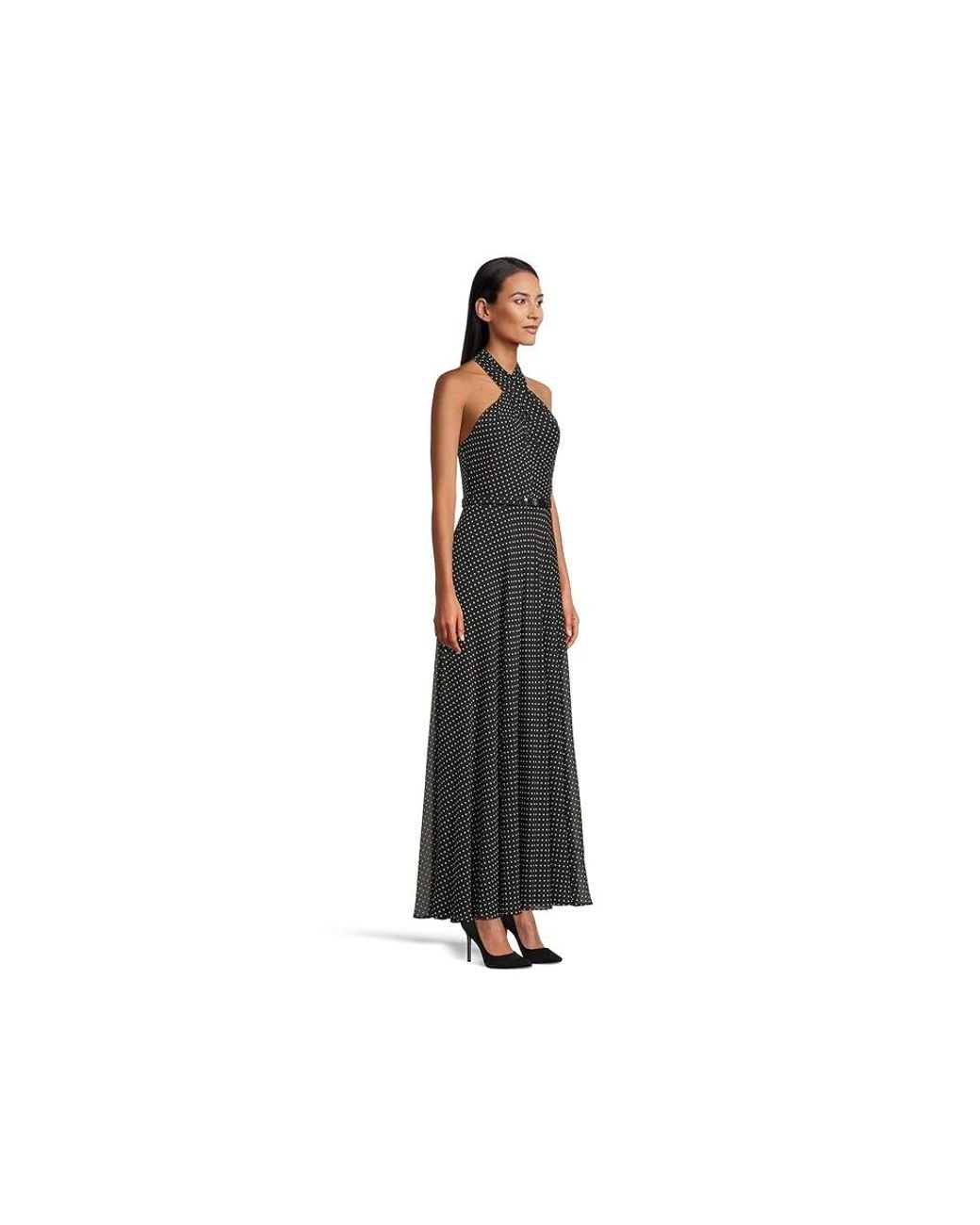 Ralph Lauren Polka Dot Belted Georgette Halter Gown Dress