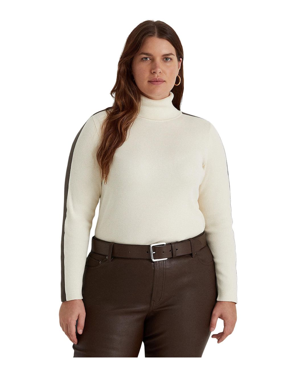 Lauren by Ralph Lauren Plus-size Faux-leather-trim Turtleneck Sweater in  Brown | Lyst