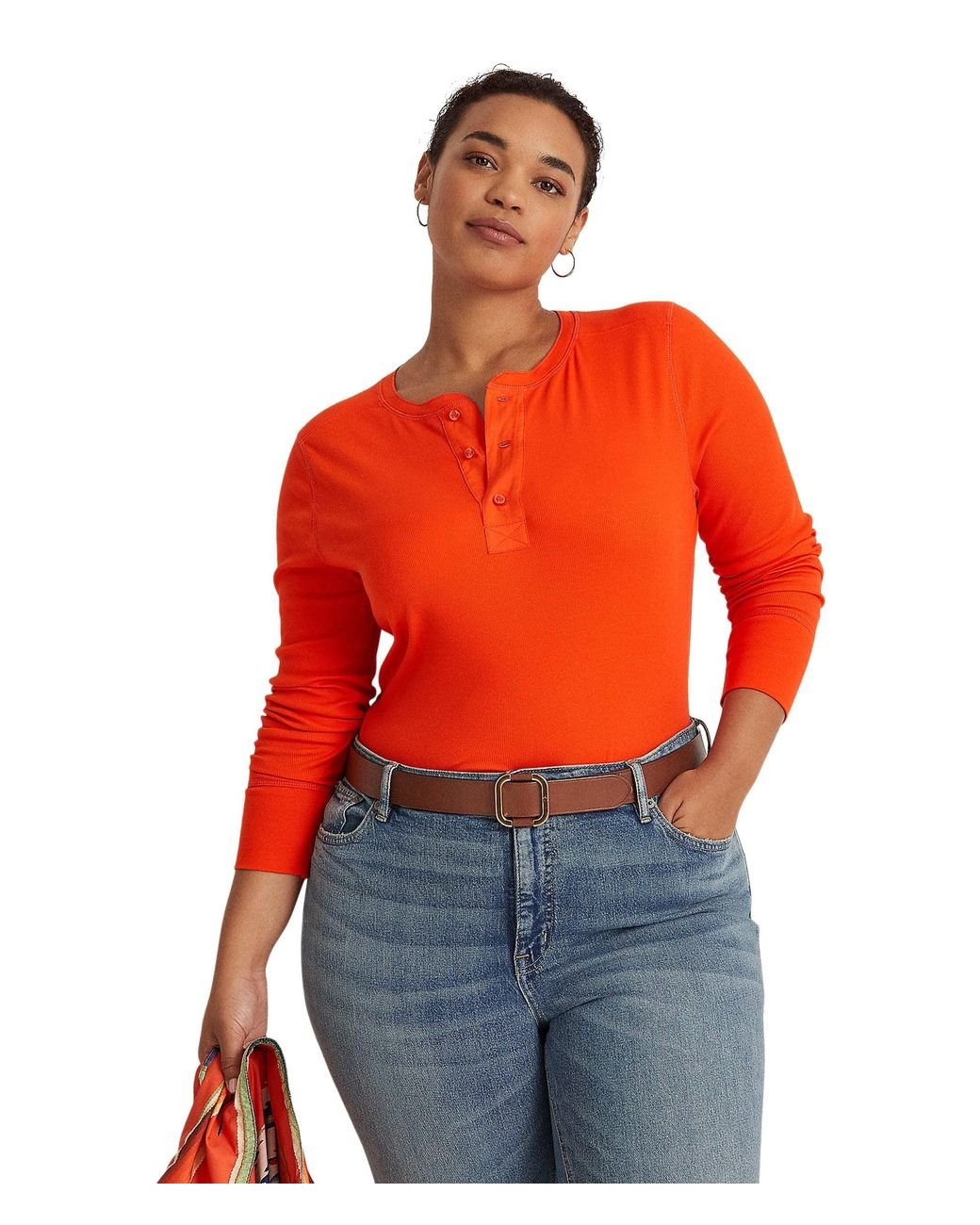 Lauren By Ralph Lauren Plus Size Stretch Cotton Henley Top In Orange Lyst 4148