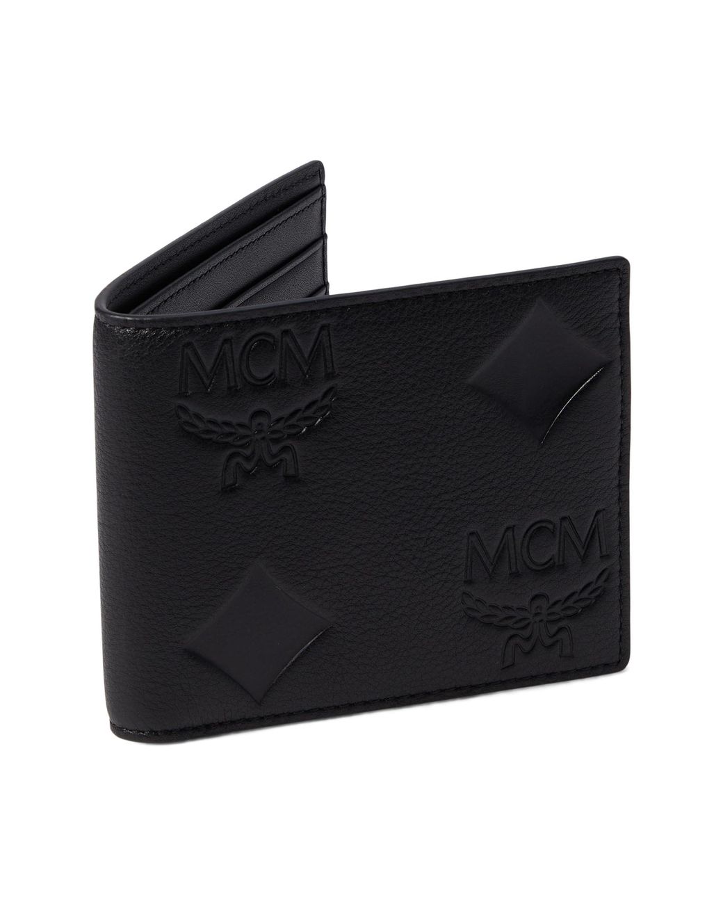 MCM Aren Emblem Maxi Monogrammed Leather Small Wallet in Black | Lyst