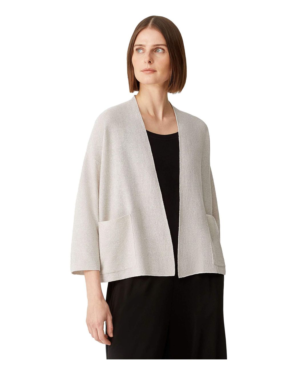 Eileen Fisher Cardigan With 3/4 Sleeves In Organic Linen Cotton Twist in  Natural | Lyst