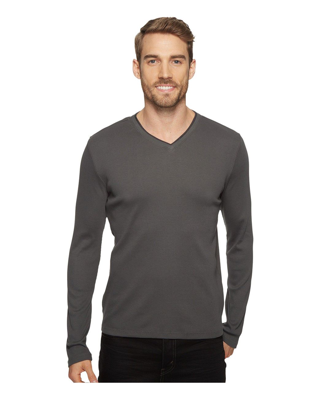 Calvin Klein Long Sleeve Rib V-neck T-shirt (white) Men's Clothing in Gray  for Men | Lyst