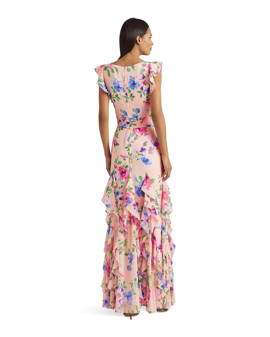 Ralph Lauren Floral Ruffle-trim Georgette Gown in Pink | Lyst