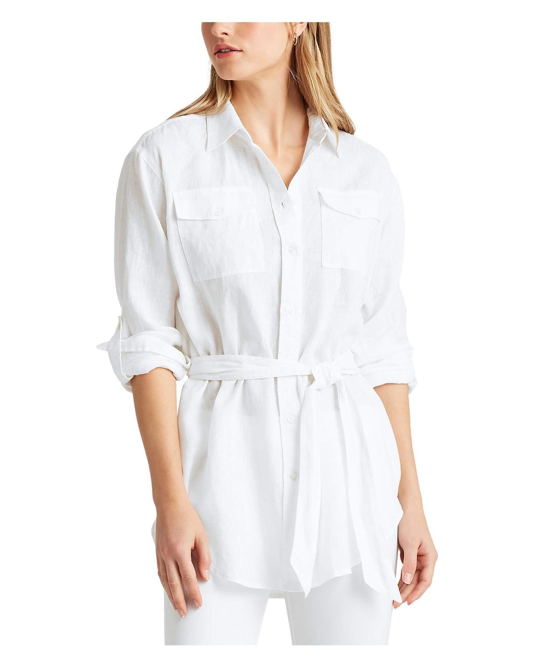 Lauren by Ralph Lauren Belted Linen Shirt in White Lyst