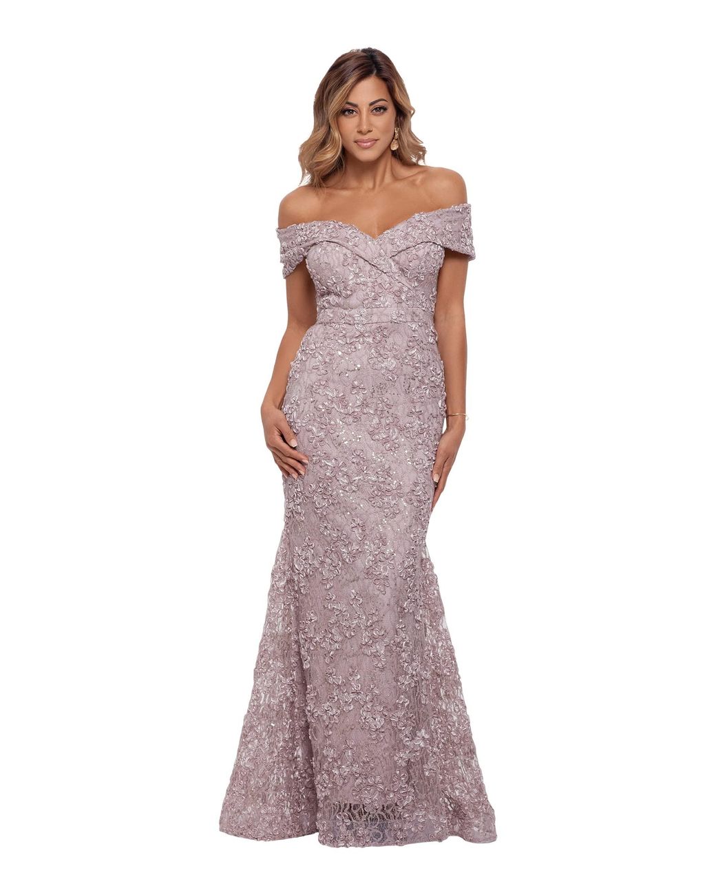 Xscape Long Offtheshoulder Lace Dress in Gray Lyst