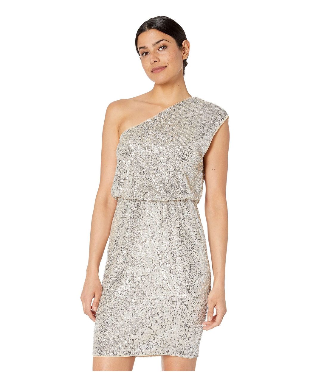 Adrianna Papell Adrianna One Shoulder Silver Sequin Dress in