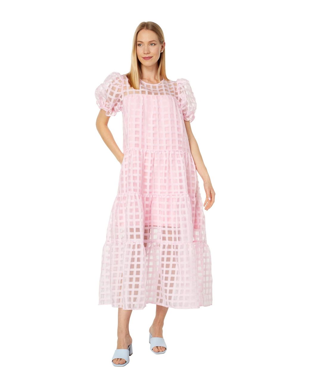English Factory Organza Gridded Puff Sleeve Maxi Dress in Pink Lyst