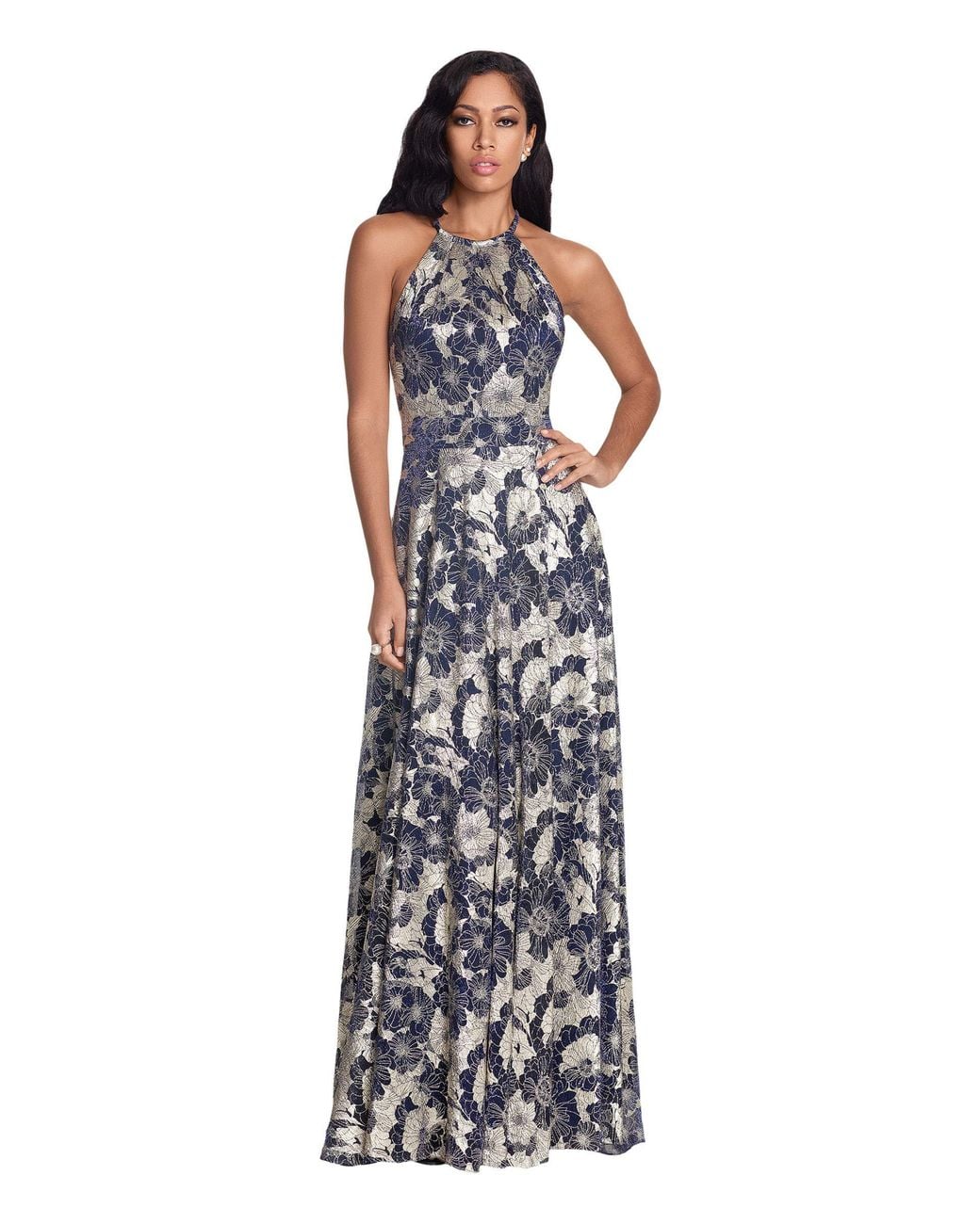 Betsy & Adam Synthetic Long Foil Print Halter Gown With Wrap Skirt in Blue - Lyst