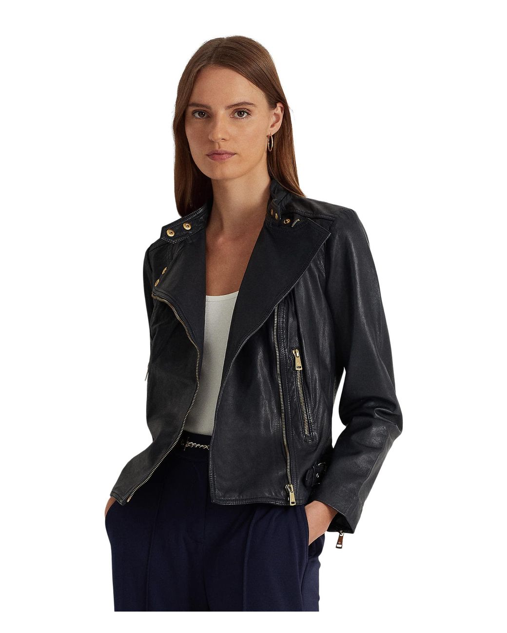 Lauren by Ralph Lauren Tumbled Leather Moto Jacket in Black | Lyst