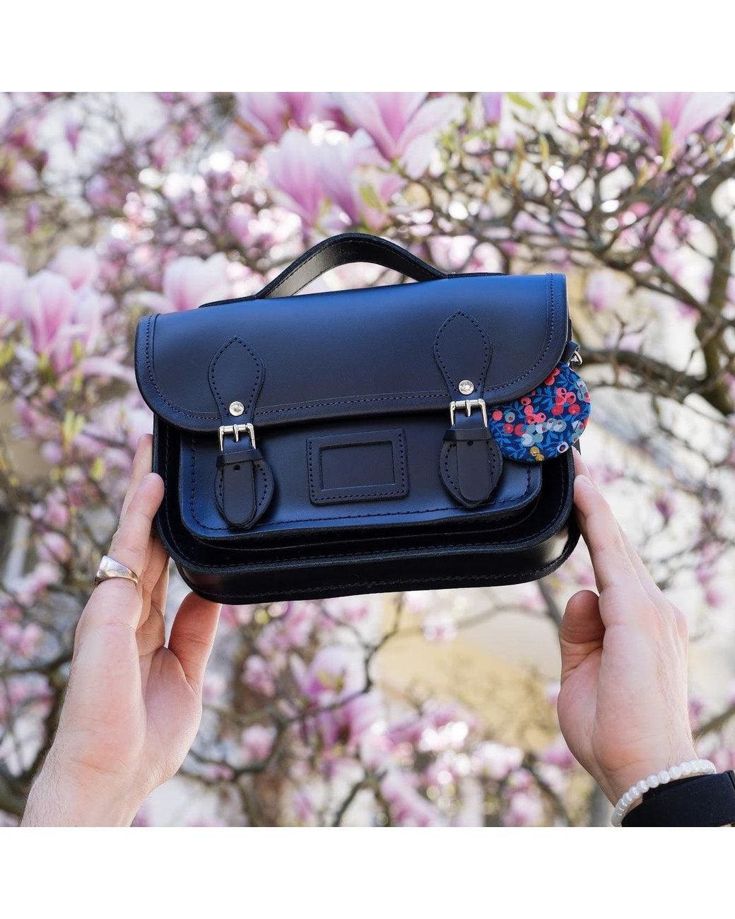 Zatchels Blue Floral Lined Leather Midi Satchel