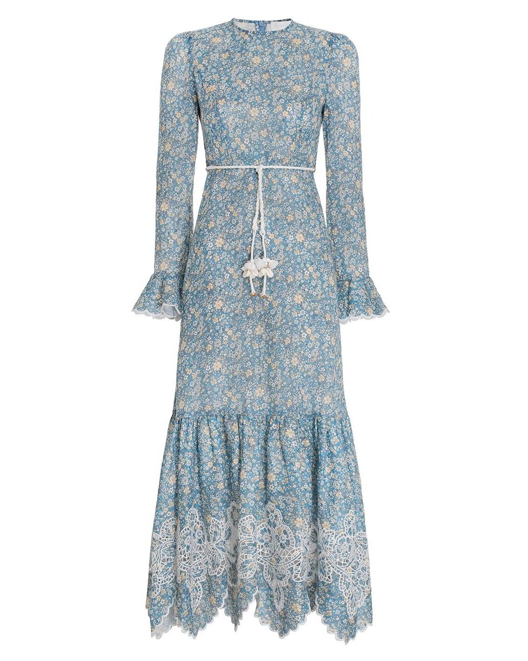 Zimmermann Carnaby Ropebelt Floralprint Linen Midi Dress in Blue