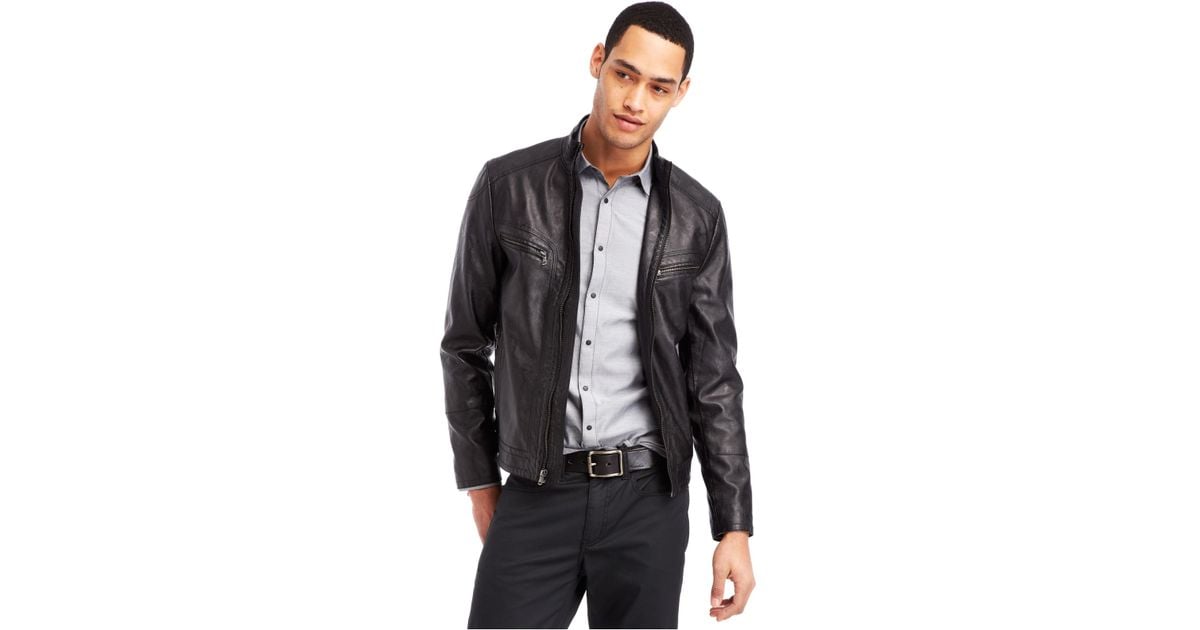 Kenneth Cole Reaction Black Faux Leather Moto Jacket For Men