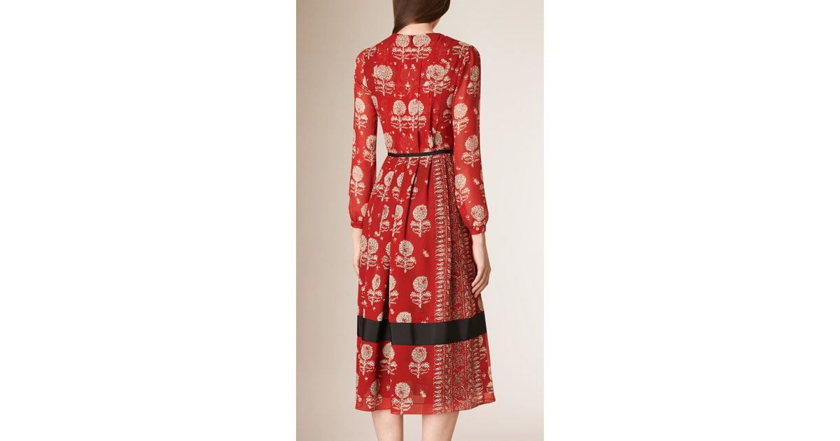 Burberry Floral Print Silk A-line Dress in Military Red (Red) | Lyst
