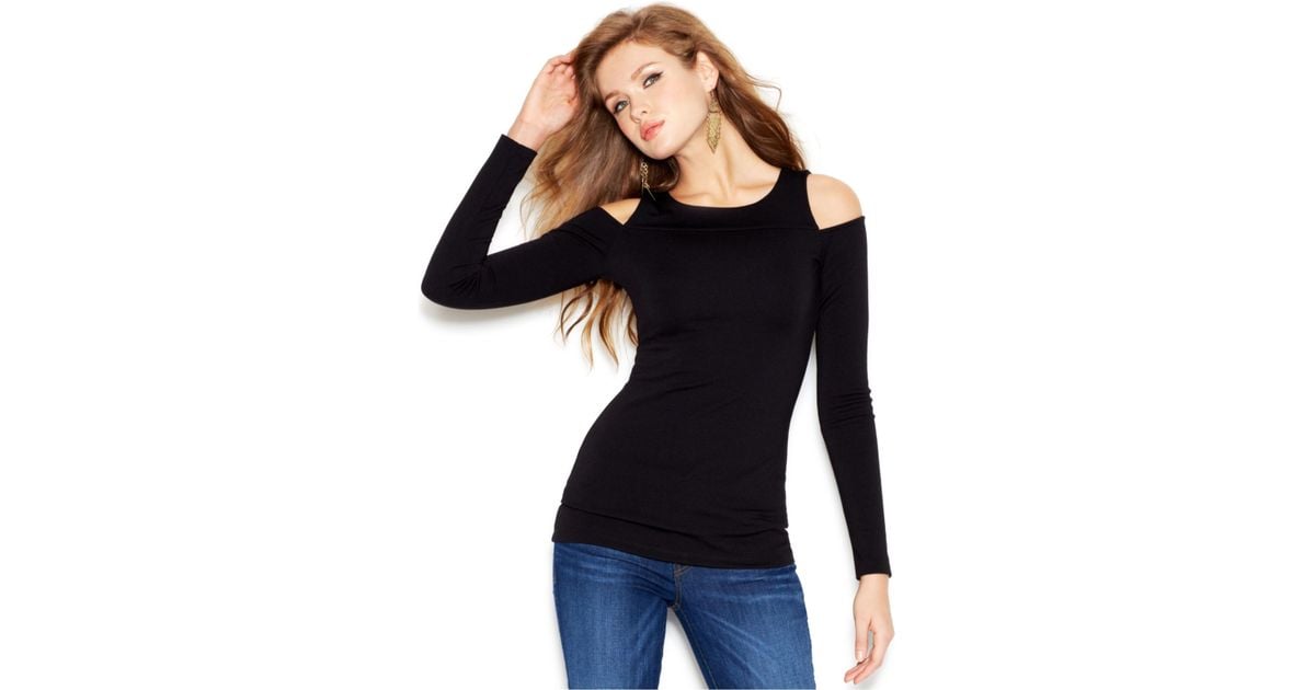 Guess Long-Sleeve Shoulder-Cutout Top in Black | Lyst
