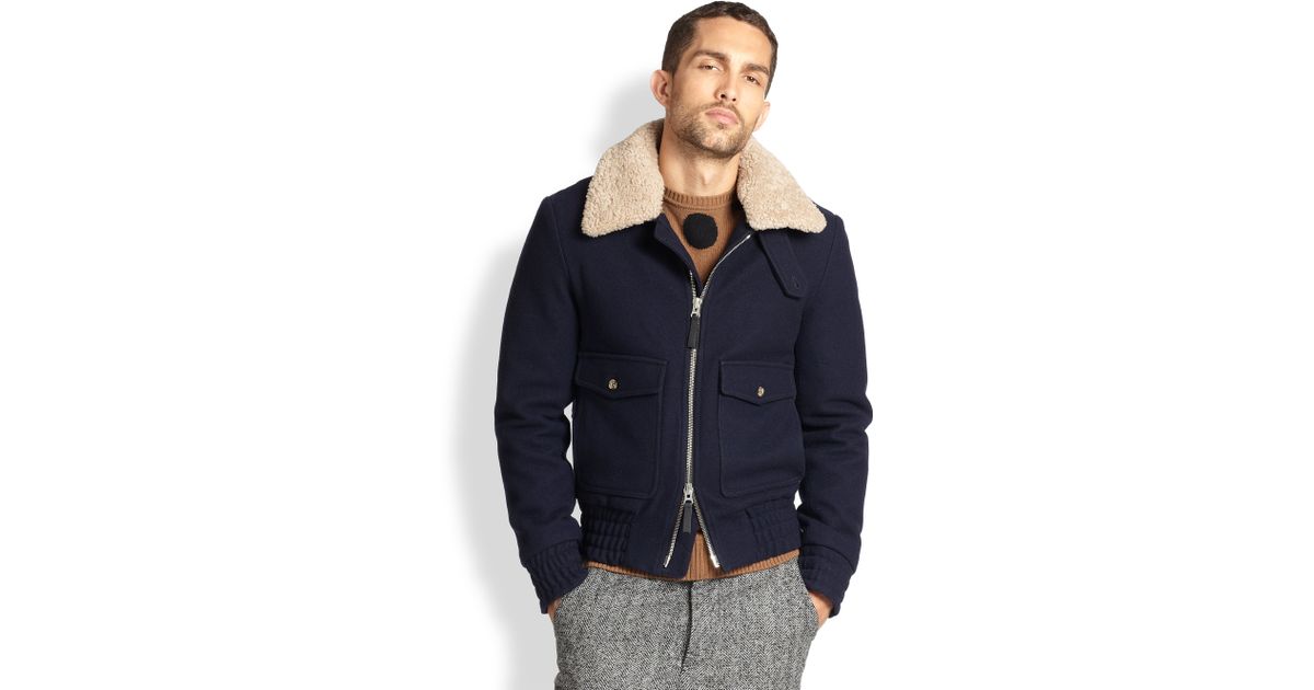 AMI Shearling Bomber Jacket in Navy (Blue) for Men | Lyst