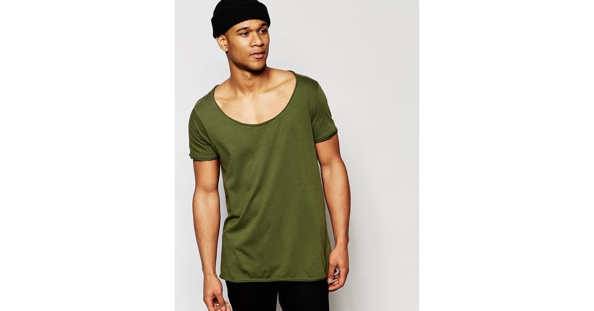 ASOS Longline T-shirt With Wide Scoop Neck And Raw Edge In Green for Men |  Lyst