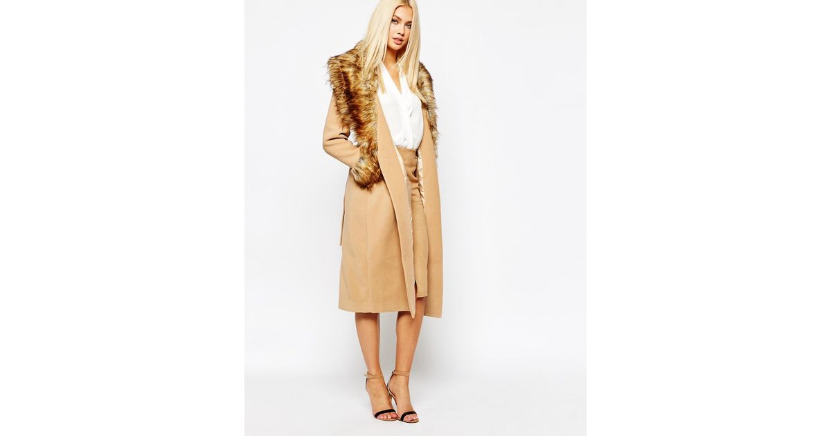 Missguided Coat With Faux Fur Collar And Cuffs in Brown | Lyst