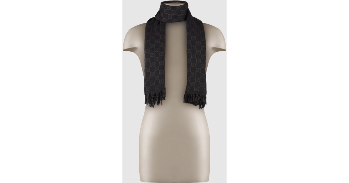 Gucci Gray Gg Jacquard Pattern Knit Scarf With Fringe For Men