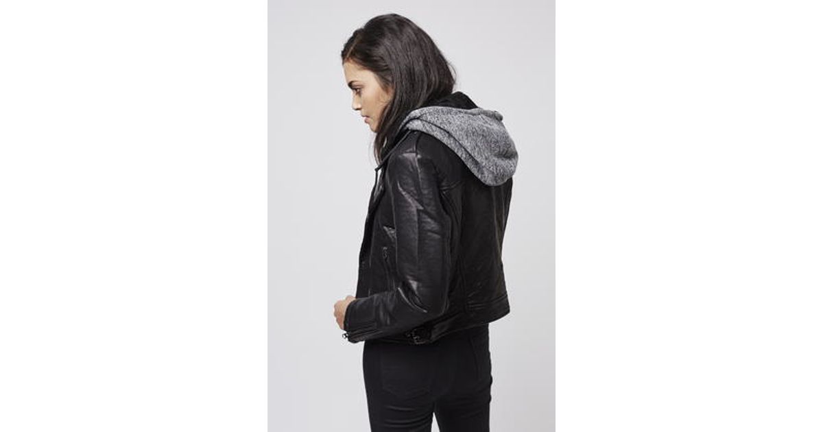 Top Black Faux Leather Hooded Biker Jacket