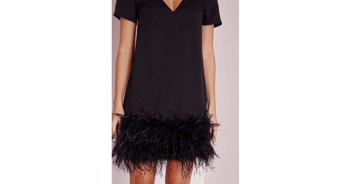 Missguided Synthetic Petite Feather Trim Shift Dress Black - Lyst