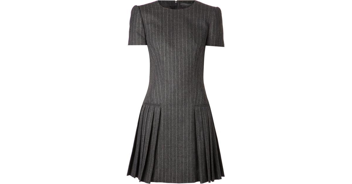 Alexander McQueen Pinstripe Pleated Dress in Grey (Gray) | Lyst