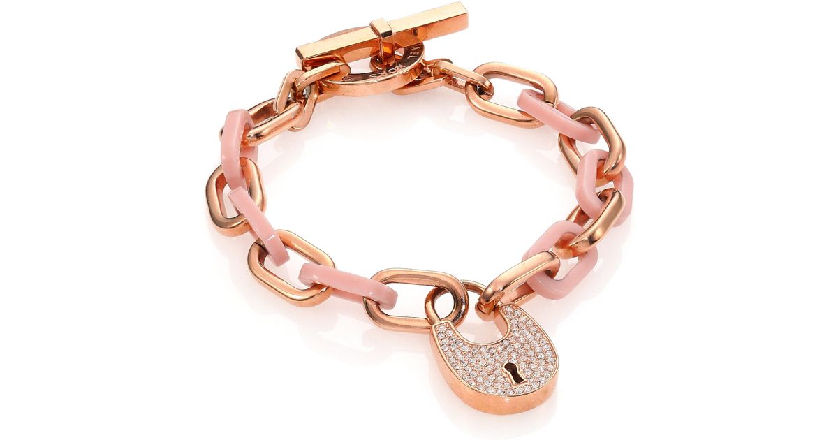 Lyst Michael Kors Heritage Padlock Link Charm Bracelet In Pink