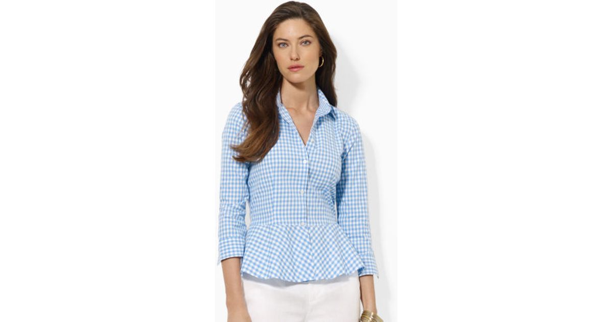 Lauren by Ralph Lauren Gingham Peplum Shirt in Blue Lyst