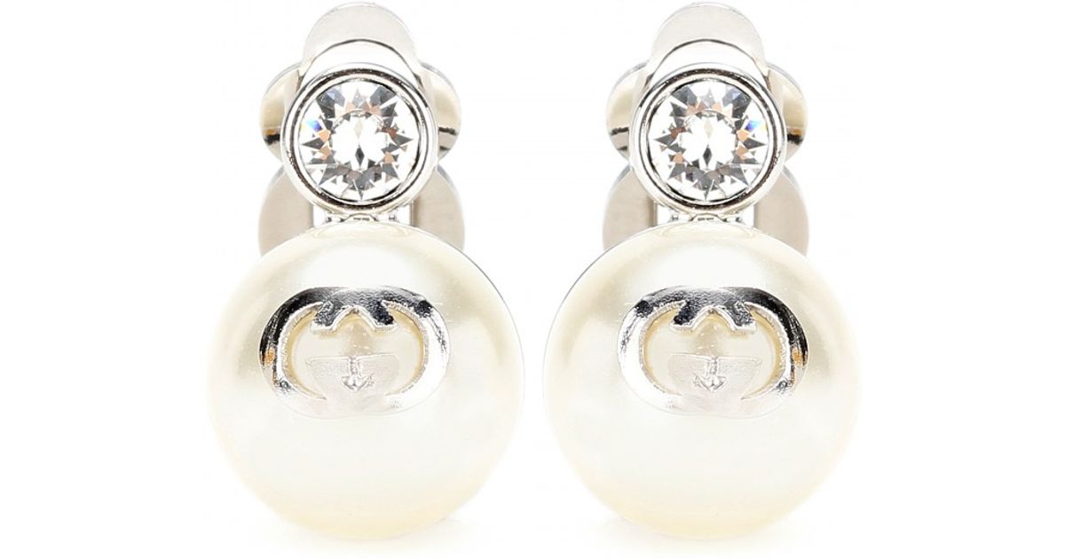 Lyst Gucci Clip On Faux Pearl Earrings In Metallic