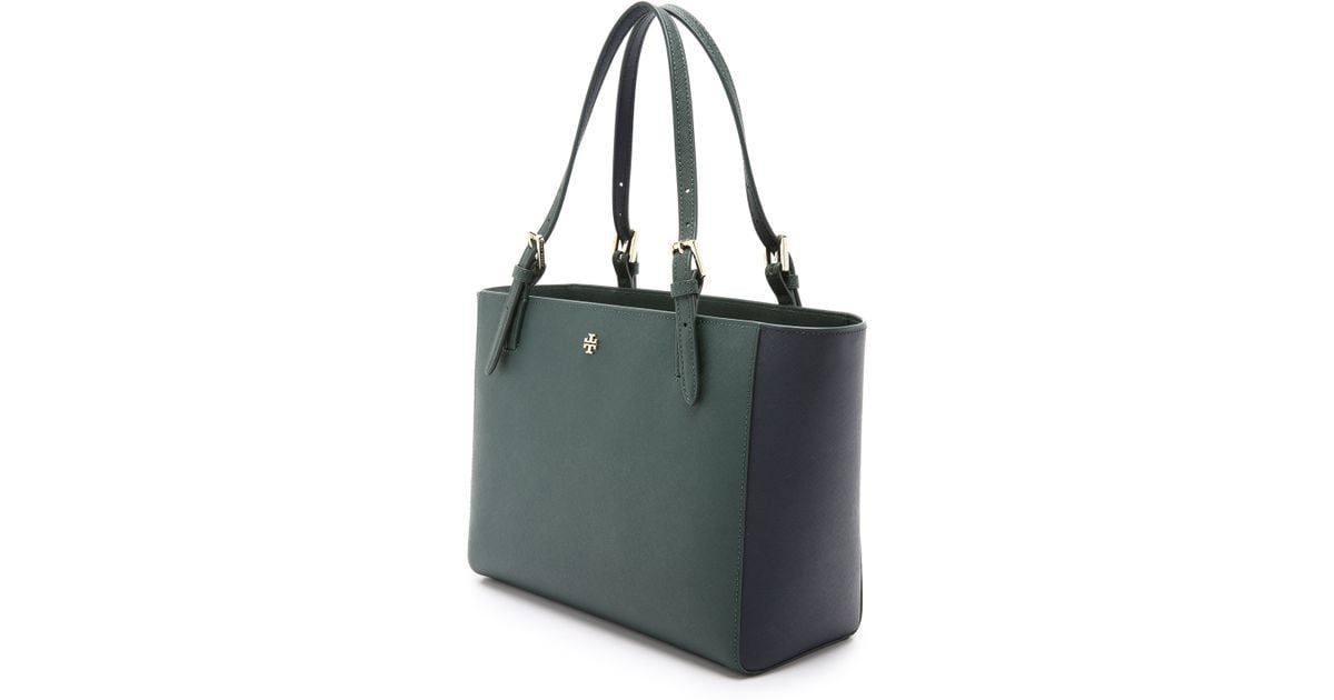 Tory Burch York Small Buckle Tote - Jitney Green/tory Navy | Lyst