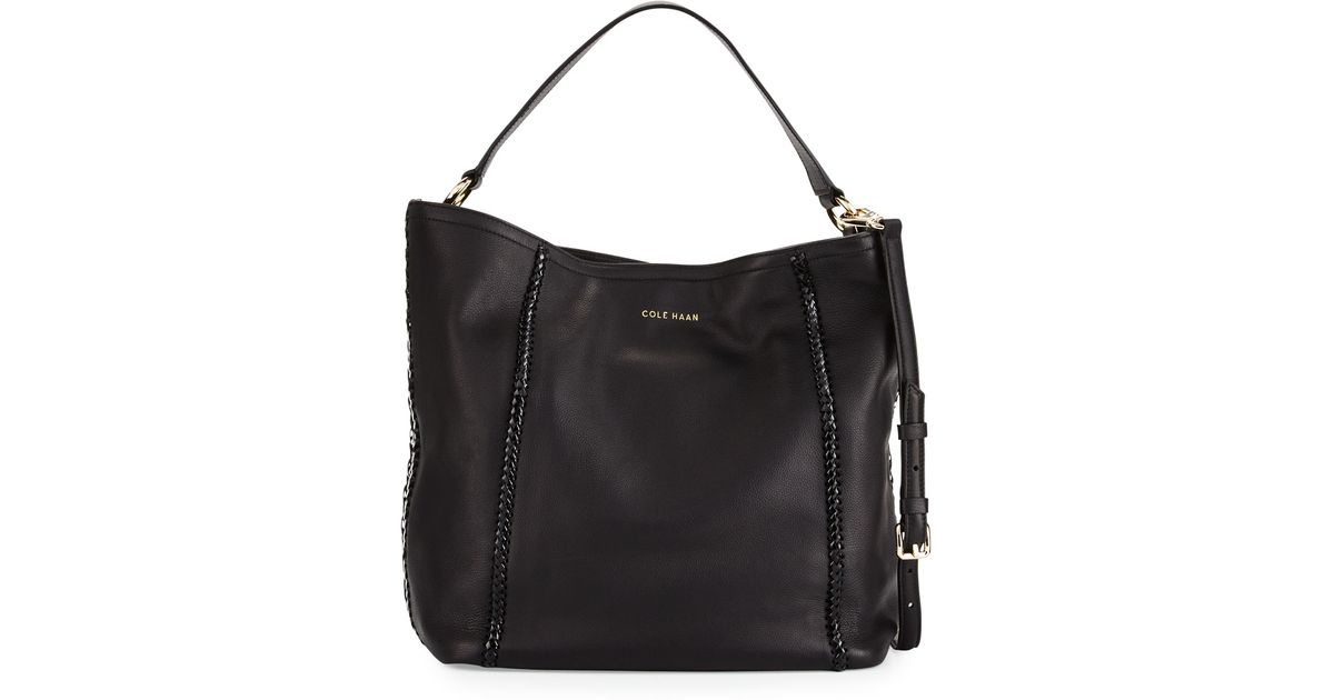 Cole Haan Black Nickson Whipsch Trim Leather Hobo Bag