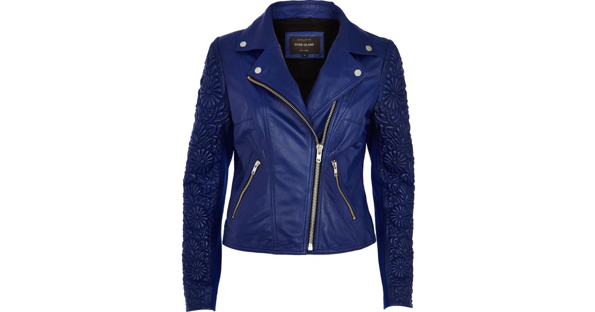 River Island Blue Fl Embossed Sleeve Leather Jacket