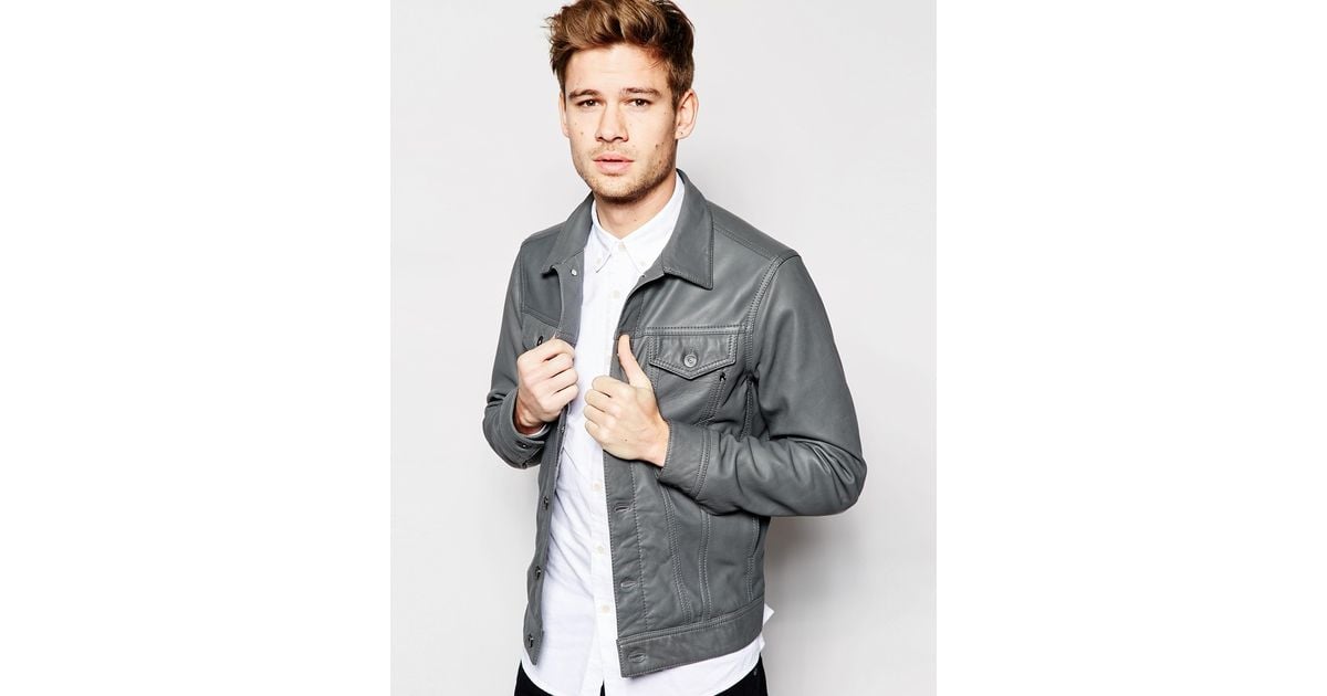 Replay Leather Trucker Jacket Button Front in Gray for Men | Lyst