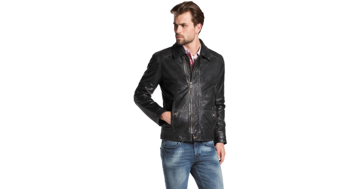 Boss Orange Black Leather Jacket Jernesto In Cowhide For Men
