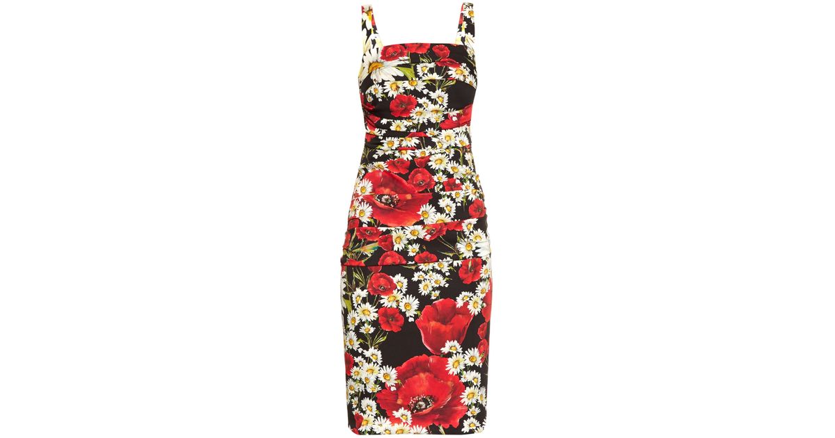 Dolce & Gabbana Floral-print Ruched Silk Dress in Red White (Red) - Lyst