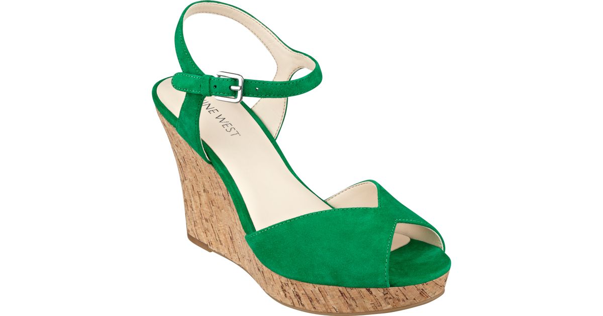 Nine West Leather Bigeasy Open Toe Wedge Sandals in Green Suede (Green) | Lyst