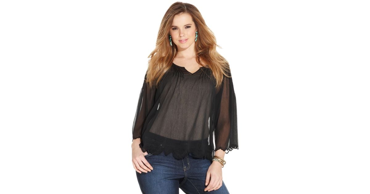 Jessica Simpson Plus Size Sheer Peasant Top In Black Lyst