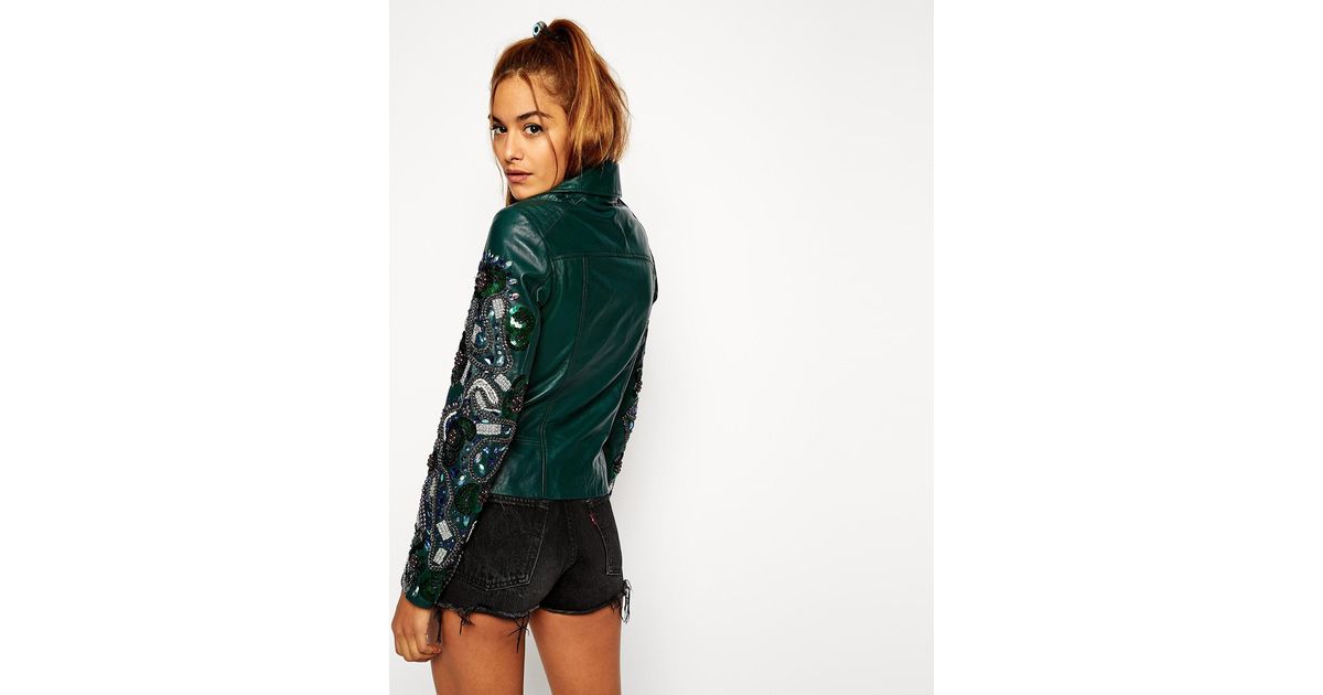 Asos Green Leather Jacket With Embellished Sleeve