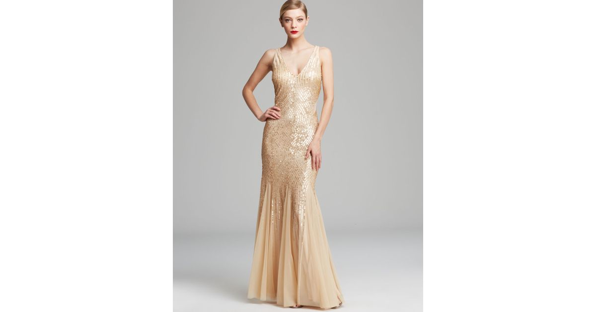 Adrianna papell Gown Sleeveless V Neck Beaded with Illusion Cutouts in