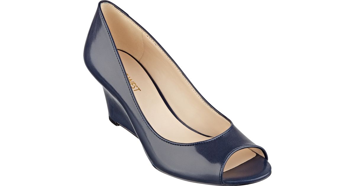 Nine West Leather Relaxxin Peep Toe Wedges in Navy Leather (Blue) - Lyst