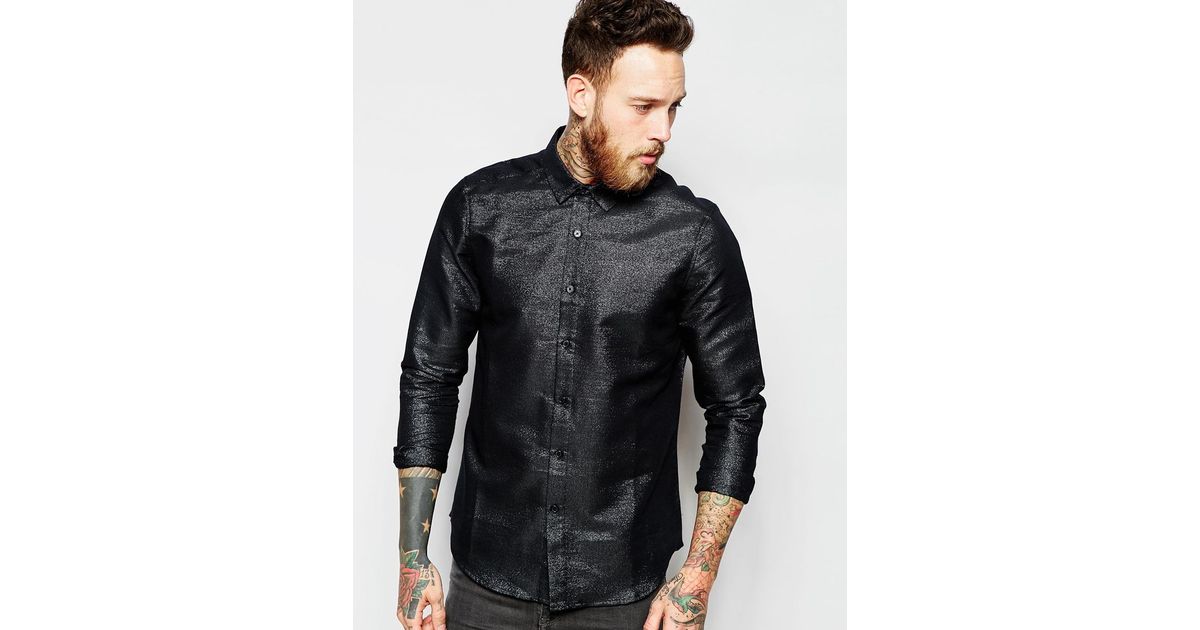 ASOS Shirt In Glitter Fabric With Long Sleeves in Black for Men | Lyst