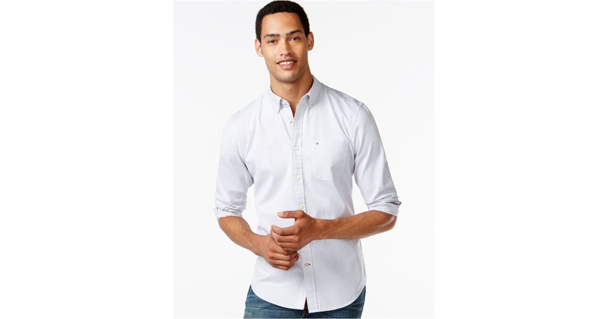 White Stripe Custom Fit TOMMY HILFIGER Shirt Men’s Lightweight Oxford Blue