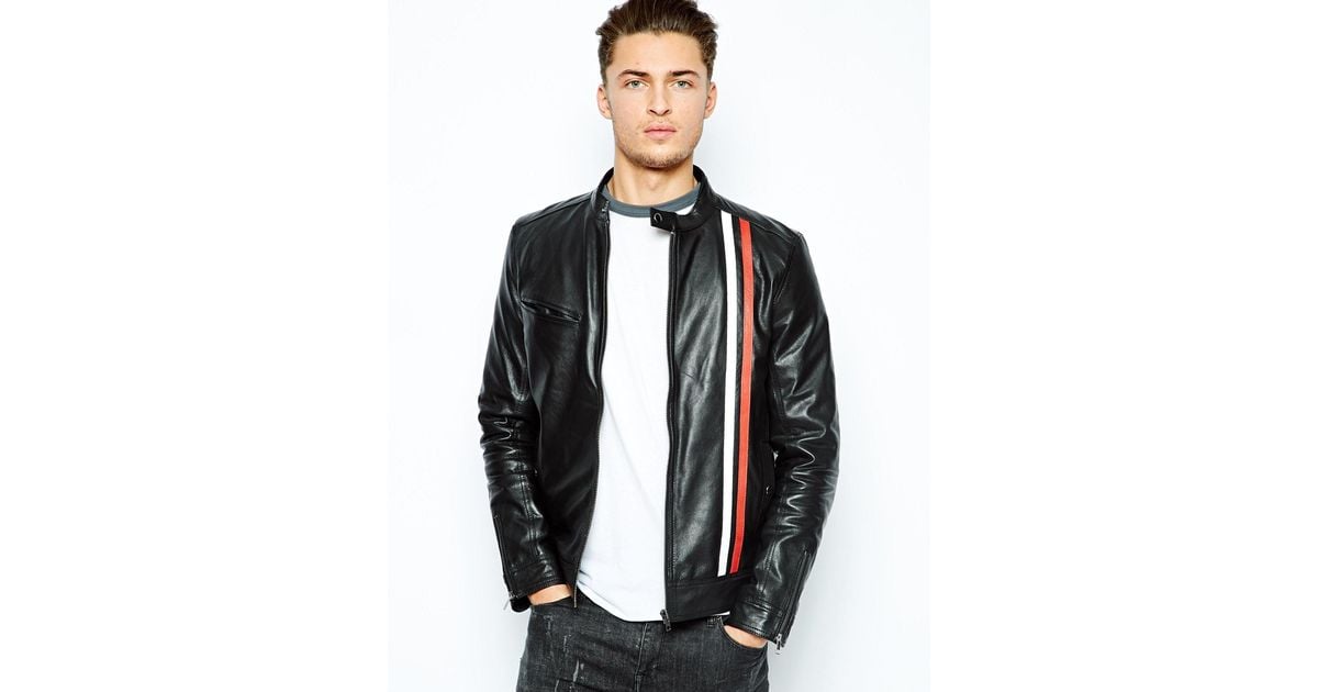 Asos Black Leather Biker Jacket With Racing Stripe For Men